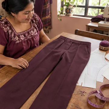 IMAGEN: pieza 3 de 13 del marquee — pantalón de vestir terminada junto a su molde impreso, miniatura cuadrada