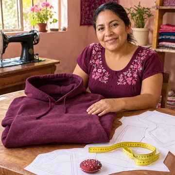 IMAGEN: pieza 9 de 13 del marquee — sudadera con capucha terminada junto a su molde impreso, miniatura cuadrada