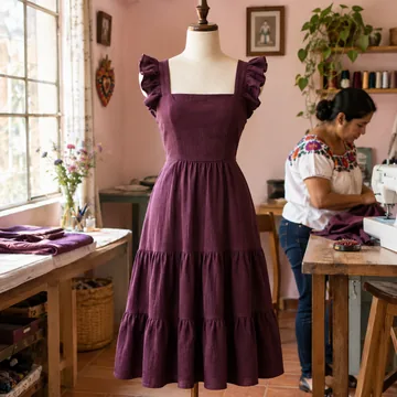 IMAGEN: paso 3 de 3 — prenda terminada en un maniquí, miniatura redonda
