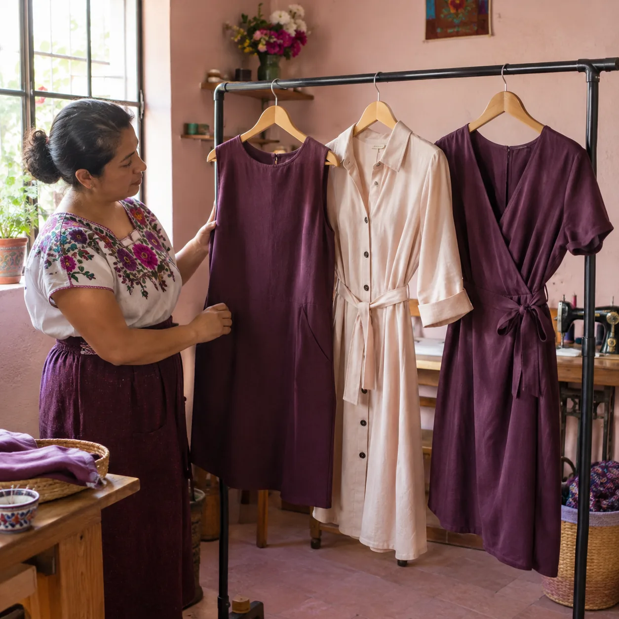 IMAGEN: categoría 5 de 9 — vestidos recto, camisero y cruzado en perchero, foto real