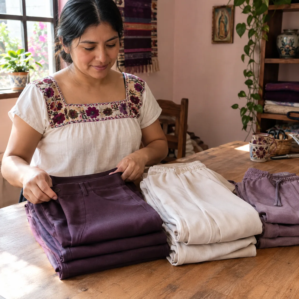 IMAGEN: categoría 6 de 9 — pantalón de vestir, palazzo y jogger doblados, foto real