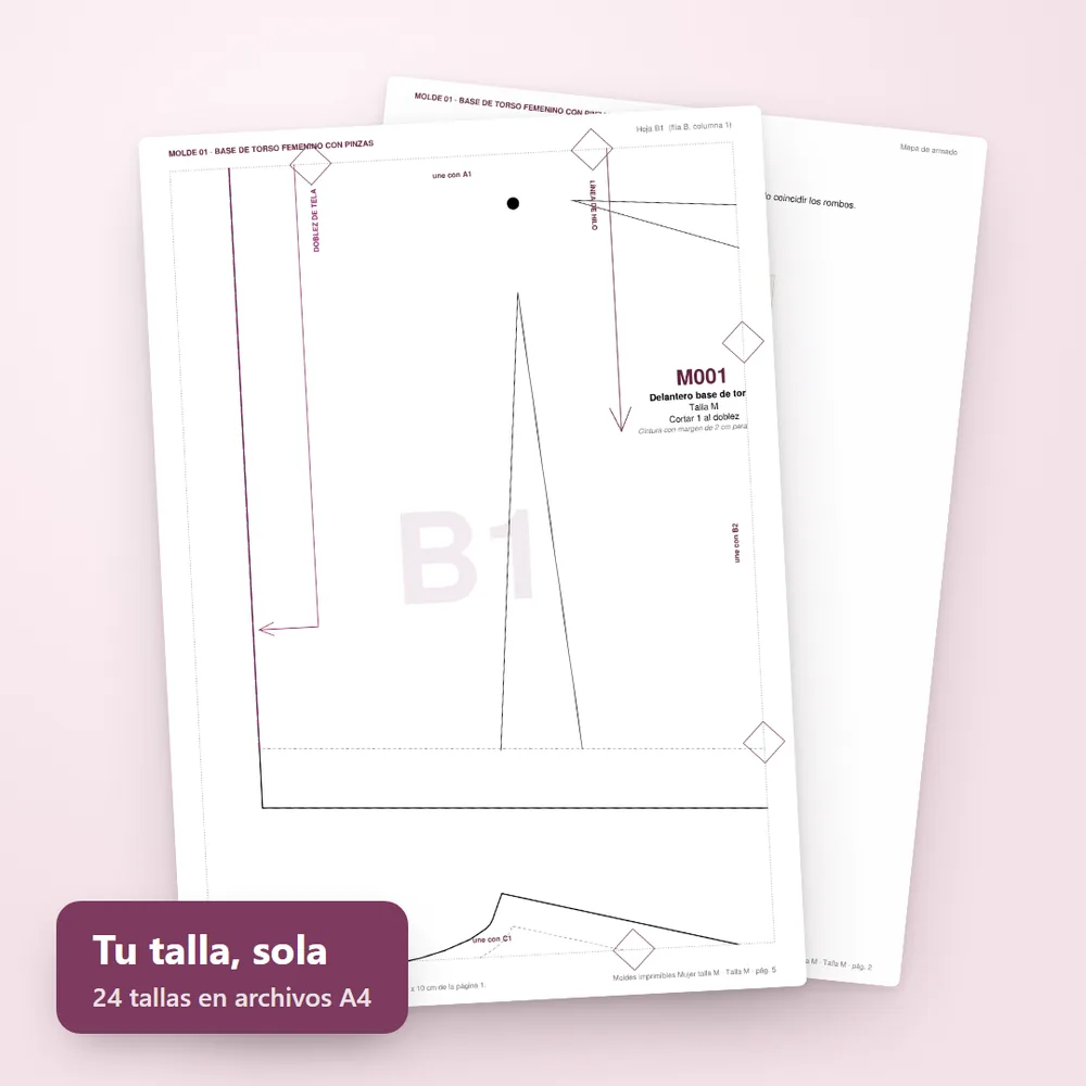 IMAGEN: mockup del bonus 1 de 6 — archivo de molde de una sola talla impreso en hojas carta