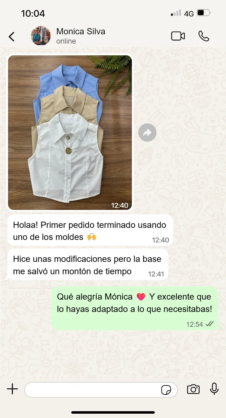 TESTIMONIO: captura real de WhatsApp 1 de 8 — no sabía patronaje y cortó su primera blusa
